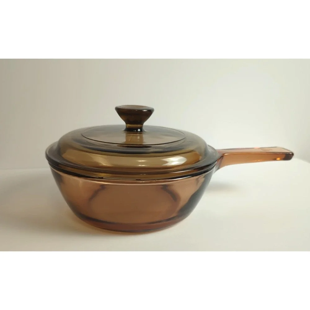 Visions Corning Amber Pyrex Glass 0.5L Sauce Pan Pot with Lid USA Vintage